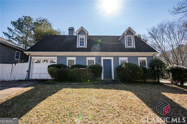 cape cod-style house with a chimney, a front yard, fence, a garage, and driveway