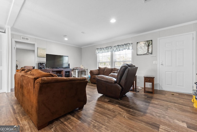 living area featuring ornamental molding, dark wood finished floors, visible vents, and recessed lighting