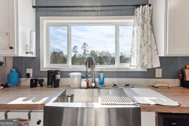 kitchen with light countertops, a sink, a wealth of natural light, and white cabinets