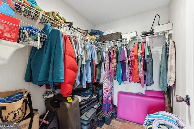 walk in closet with wood finished floors