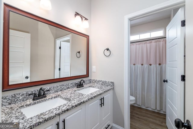 bathroom featuring double vanity, wood finished floors, a sink, and toilet