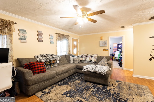 living area featuring crown molding, baseboards, ceiling fan, wood finished floors, and a textured ceiling