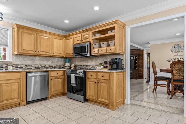 kitchen featuring appliances with stainless steel finishes, open shelves, decorative backsplash, and ornamental molding