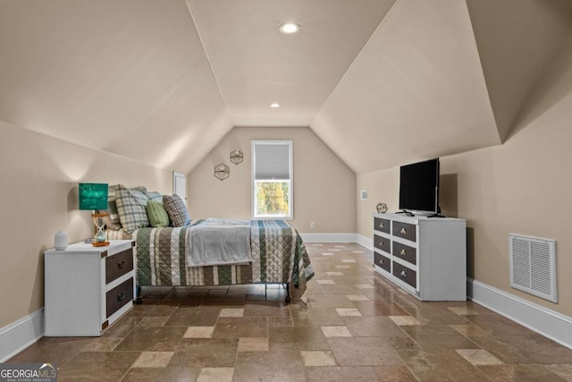 bedroom featuring lofted ceiling, stone tile floors, recessed lighting, visible vents, and baseboards