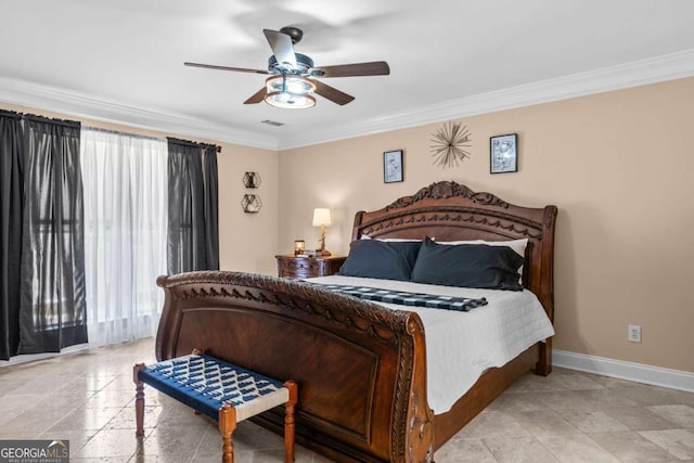 bedroom with a ceiling fan, crown molding, and baseboards