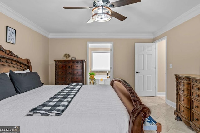 bedroom with ornamental molding, ceiling fan, and baseboards