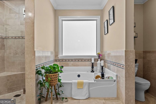 full bath featuring toilet, ornamental molding, tile walls, and a bath