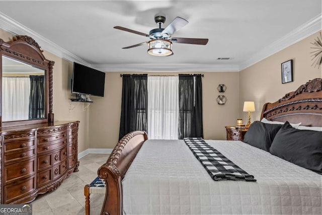 bedroom featuring baseboards, visible vents, ceiling fan, and crown molding