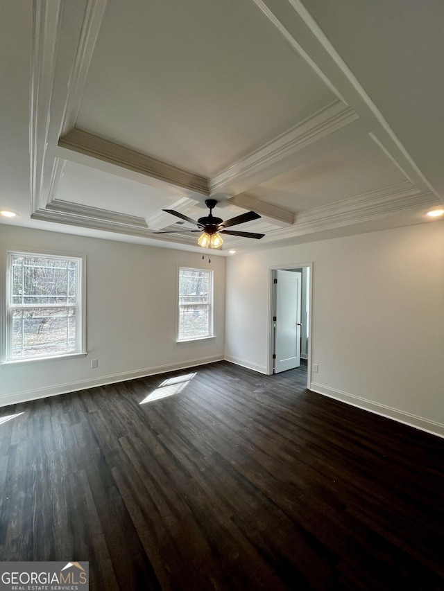 empty room featuring crown molding, baseboards, coffered ceiling, and dark wood-style flooring