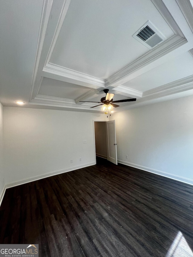 empty room with dark wood finished floors, visible vents, ceiling fan, coffered ceiling, and baseboards