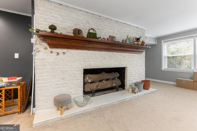 details with carpet, ornamental molding, a fireplace, and baseboards