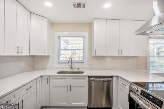 kitchen featuring wall chimney exhaust hood, appliances with stainless steel finishes, white cabinets, and a sink