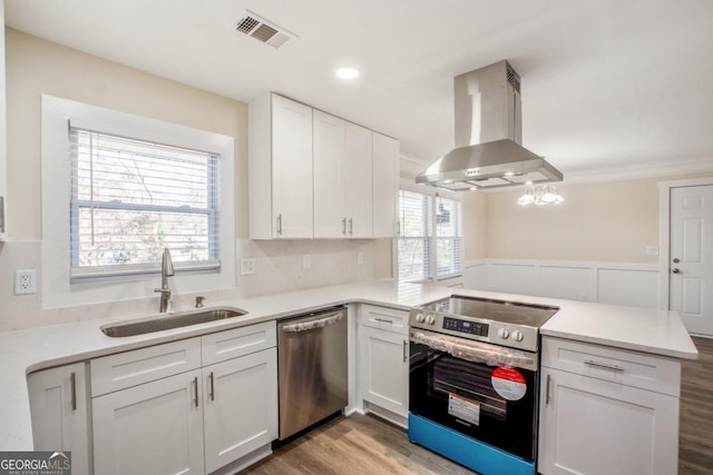 kitchen with appliances with stainless steel finishes, white cabinetry, a sink, and island exhaust hood