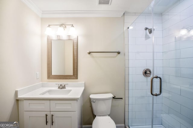 full bath featuring a stall shower, visible vents, toilet, ornamental molding, and vanity