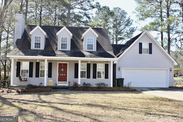 cape cod house featuring a garage, a front yard, concrete driveway, and covered porch