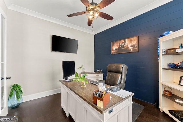 2903 Eva Clb, Acworth, GA 30101 - home office with a ceiling fan, an accent wall, dark wood-style flooring, ornamental molding, and wood walls