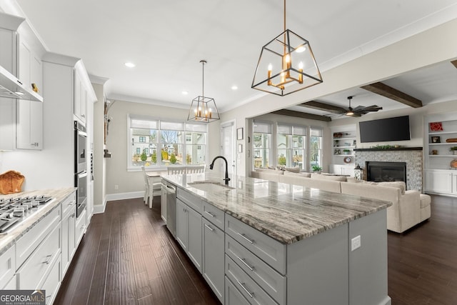 kitchen with a sink, appliances with stainless steel finishes, dark wood-style flooring, and ceiling fan with notable chandelier