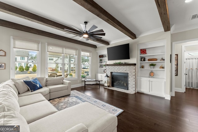2903 Eva Clb, Acworth, GA 30101 - living area with a ceiling fan, a fireplace, dark wood-type flooring, and beamed ceiling