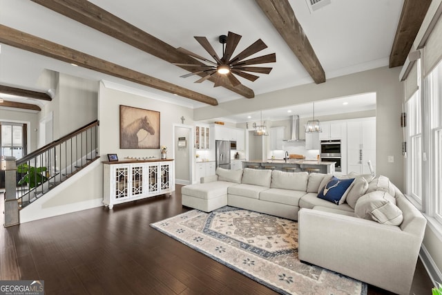 2903 Eva Clb, Acworth, GA 30101 - living area with beamed ceiling, ceiling fan, dark wood-style floors, stairway, and recessed lighting
