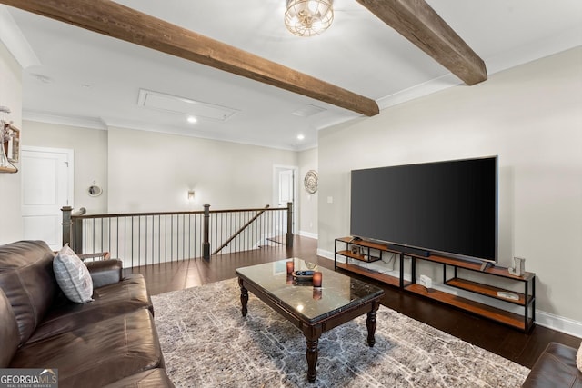 living area featuring crown molding, recessed lighting, wood finished floors, attic access, and beam ceiling