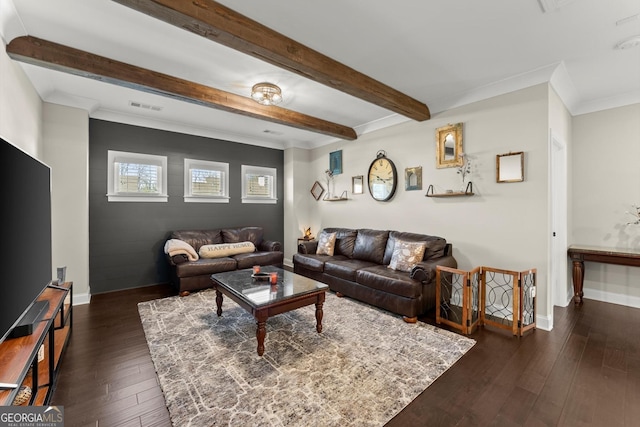 2903 Eva Clb, Acworth, GA 30101 - living area featuring beam ceiling, dark wood-style floors, and crown molding