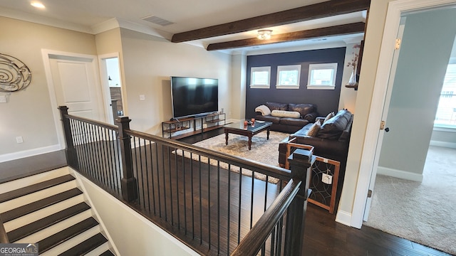 2903 Eva Clb, Acworth, GA 30101 - living area with beam ceiling, wood finished floors, and ornamental molding