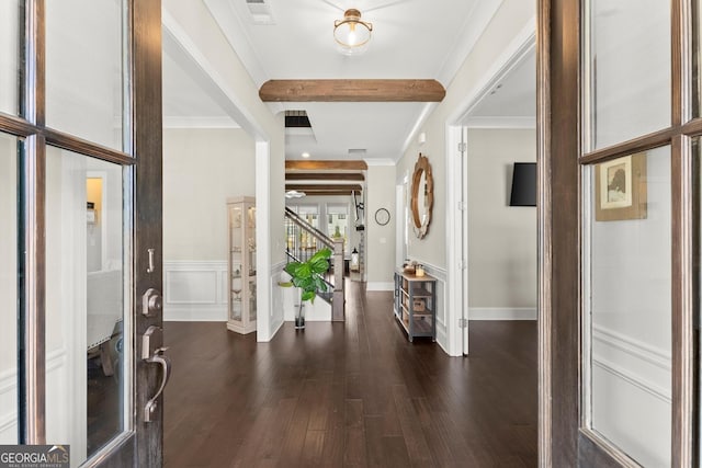 2903 Eva Clb, Acworth, GA 30101 - foyer featuring dark wood-style flooring, ornamental molding, wainscoting, a decorative wall, and stairway