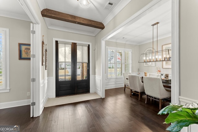 2903 Eva Clb, Acworth, GA 30101 - foyer with dark wood finished floors, french doors, wainscoting, beam ceiling, and a chandelier