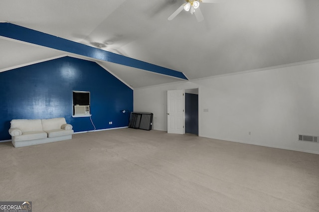 bonus room featuring visible vents, lofted ceiling with beams, ceiling fan, cooling unit, and carpet flooring