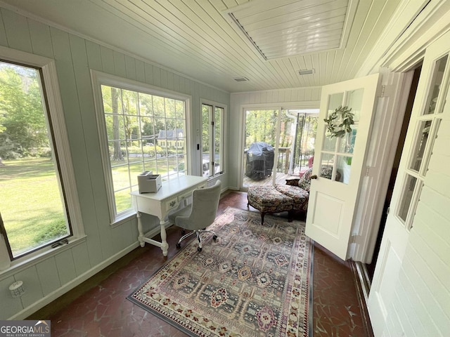 sunroom with wood ceiling