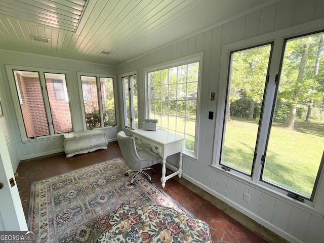 sunroom / solarium with wood ceiling and visible vents