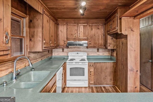 kitchen featuring white appliances, under cabinet range hood, brown cabinets, and a sink