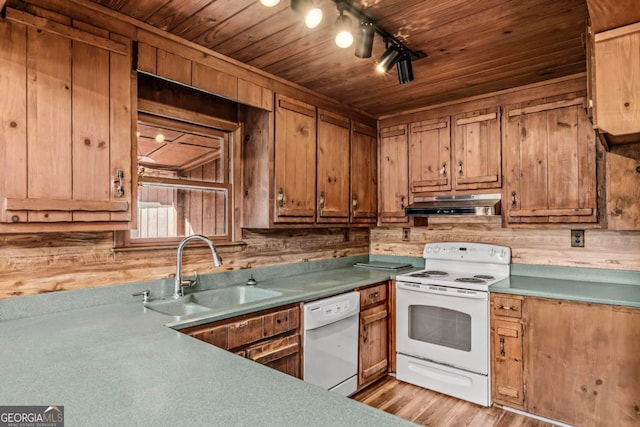 kitchen featuring brown cabinets, wood ceiling, a sink, white appliances, and under cabinet range hood