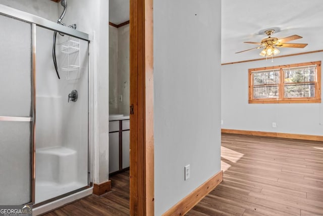 bathroom featuring ceiling fan, baseboards, and wood finished floors