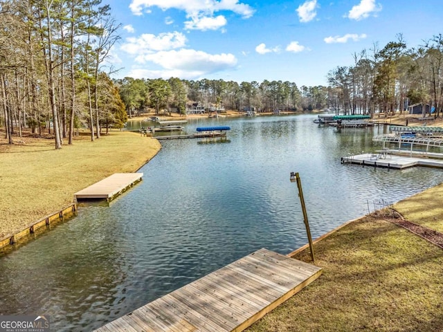 view of dock with a yard and a water view