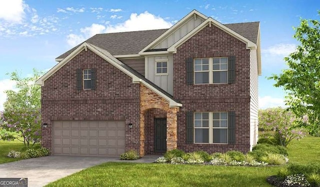 view of front facade featuring brick siding, an attached garage, board and batten siding, driveway, and a front lawn