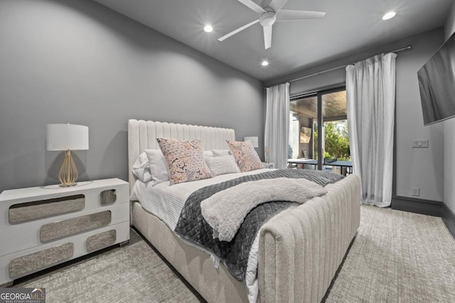 bedroom with light carpet, baseboards, radiator, ceiling fan, and recessed lighting