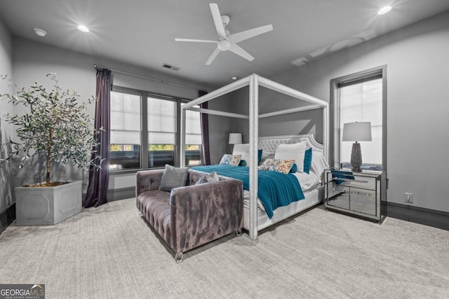 bedroom with a ceiling fan, visible vents, and recessed lighting