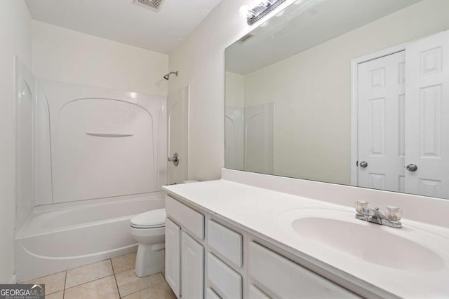 bathroom with bathing tub / shower combination, visible vents, toilet, vanity, and tile patterned floors