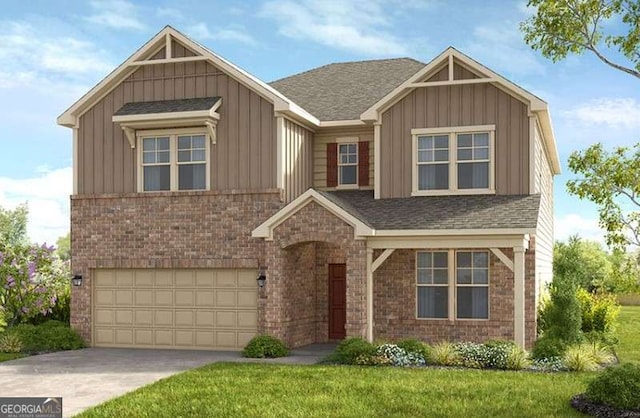 craftsman house with a garage, brick siding, and board and batten siding