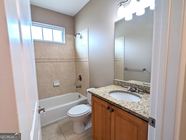 full bath with  shower combination, tile patterned flooring, toilet, and vanity