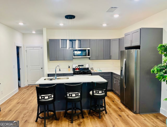 kitchen with stainless steel appliances, a sink, visible vents, light countertops, and a center island with sink