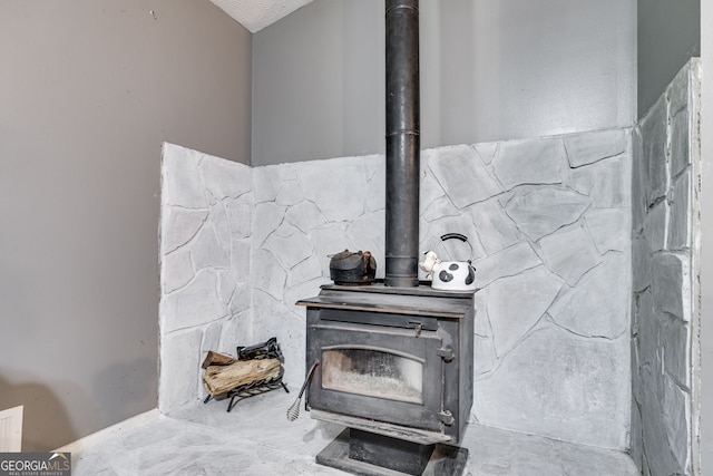 room details featuring a wood stove