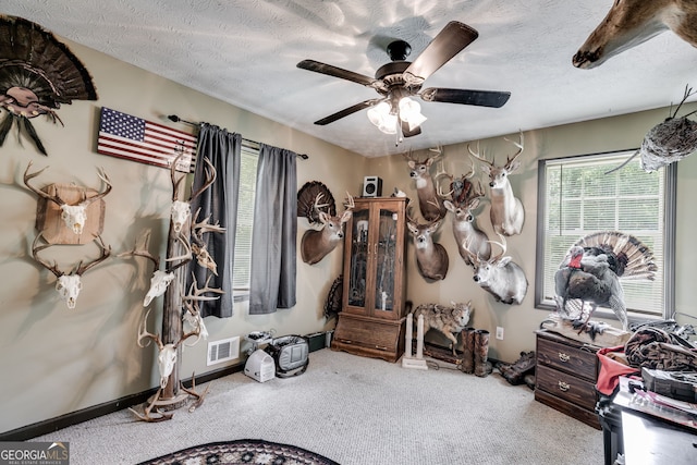 misc room featuring a textured ceiling, ceiling fan, carpet flooring, and visible vents