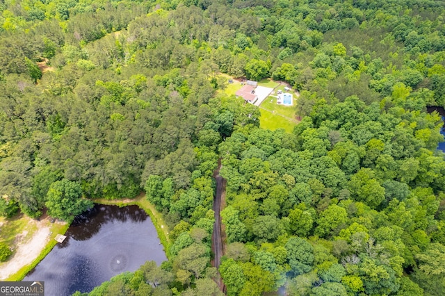 bird's eye view featuring a forest view and a water view