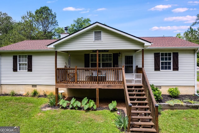 single story home with a chimney, stairway, roof with shingles, crawl space, and a front lawn