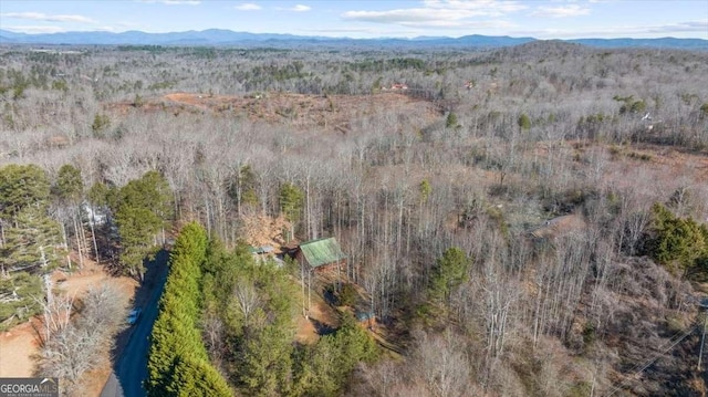 drone / aerial view featuring a mountain view and a view of trees