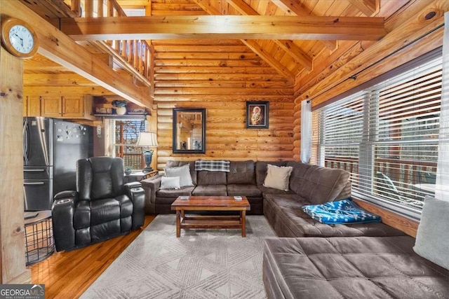 living room with high vaulted ceiling, wood ceiling, beam ceiling, and wood finished floors