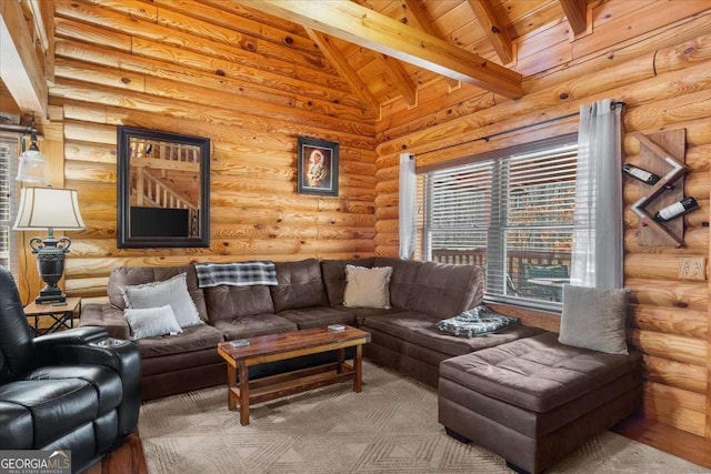 living area with vaulted ceiling with beams, wooden ceiling, and rustic walls