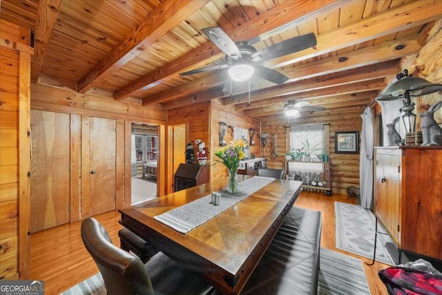 dining area with a ceiling fan, wooden ceiling, light wood-style flooring, beamed ceiling, and log walls